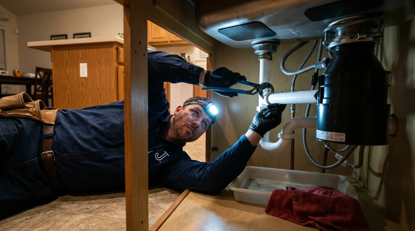 P-trap and supply line connections under a kitchen sink showing a common leak point in Whitmire, SC